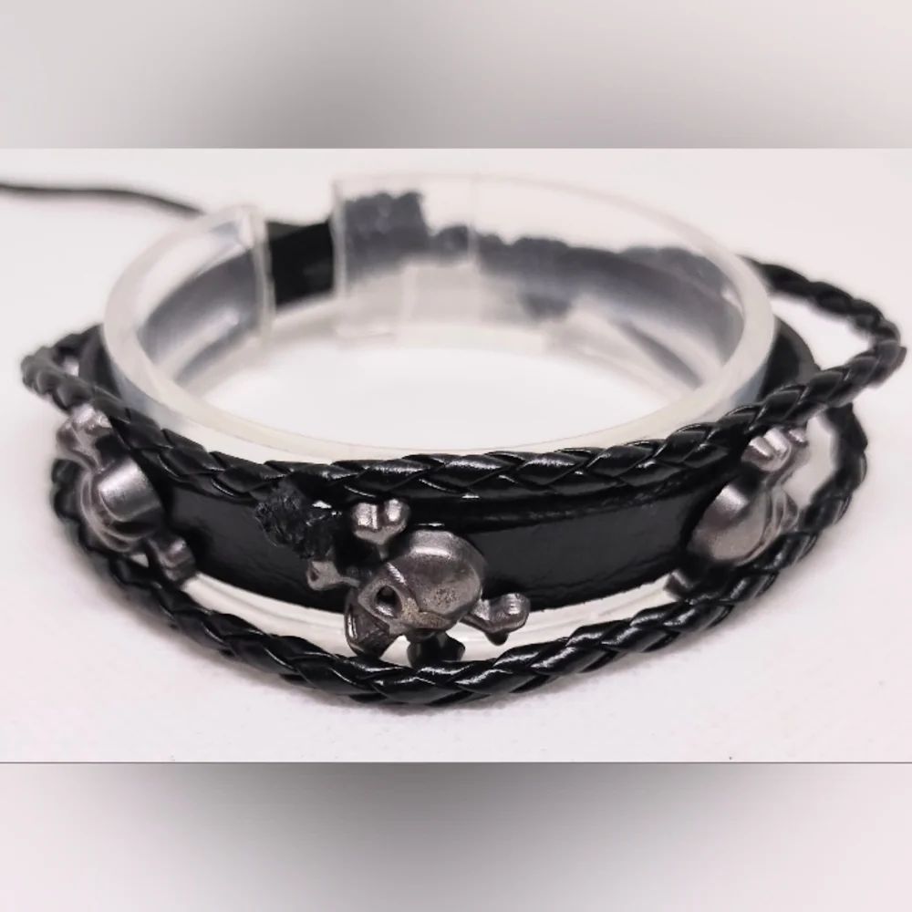 Men's Bracelet Leather Skulls Braided‎ Layered Black New f42